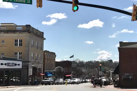 Historic Main Street in downtown Belmont, North Carolina featuring restored brick commercial buildings, local retail storefronts, and tree-lined sidewalks