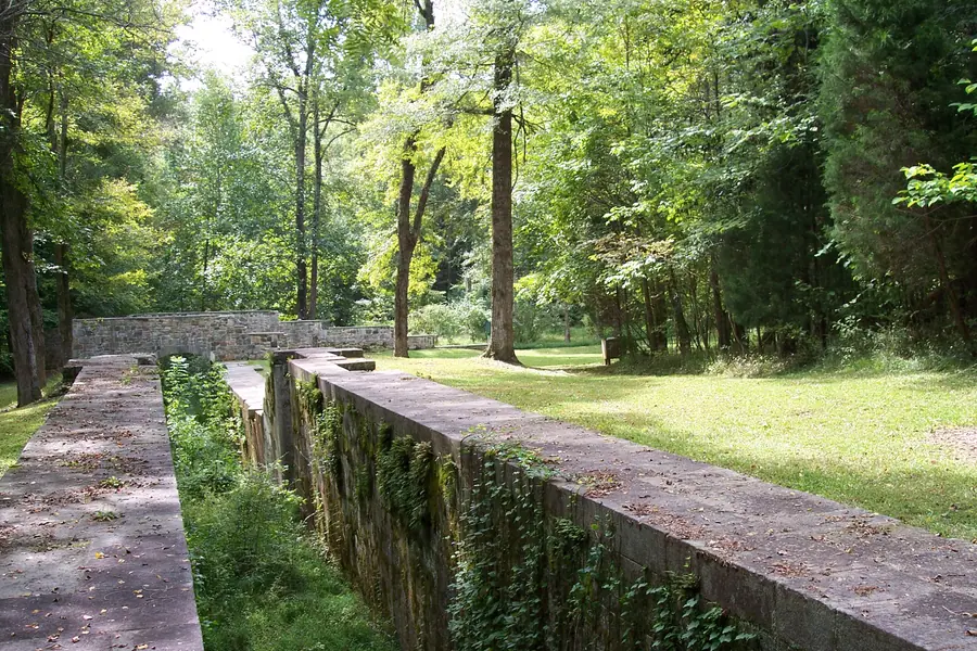 Historic 1820s stone canal lock at Landsford Canal State Park along the Catawba River in Chester County
