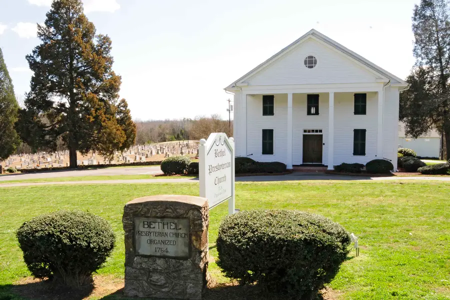Historic Greek Revival brick architecture and portico of Bethel Presbyterian Church near Clover