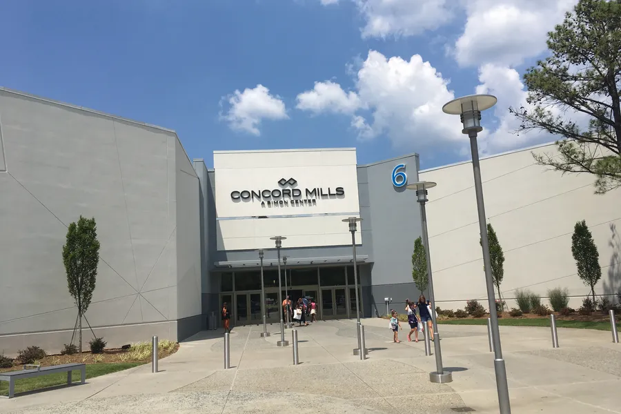 Entrance exterior of Concord Mills shopping and entertainment center in Concord, North Carolina