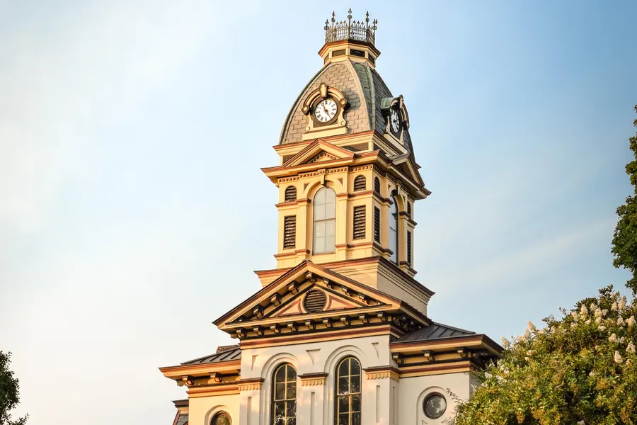 Clock tower and Second Empire facade of the 1876 Cabarrus County Courthouse on Union Street in downtown Concord, North Carolina