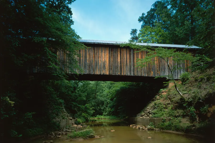 Historic wooden Bunker Hill Covered Bridge spanning Lyle Creek near Conover in Catawba County