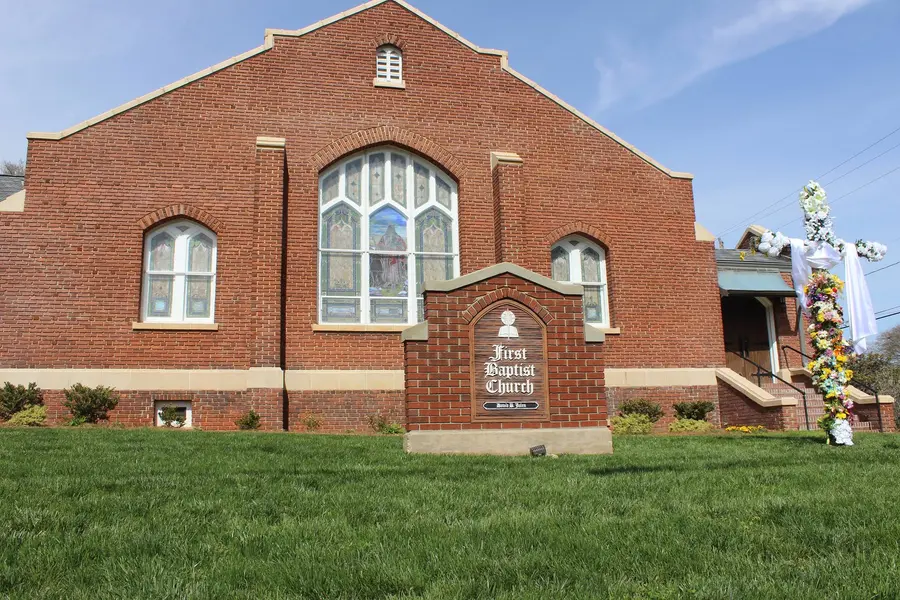 First Baptist Church historic sanctuary and steeple in downtown Cramerton