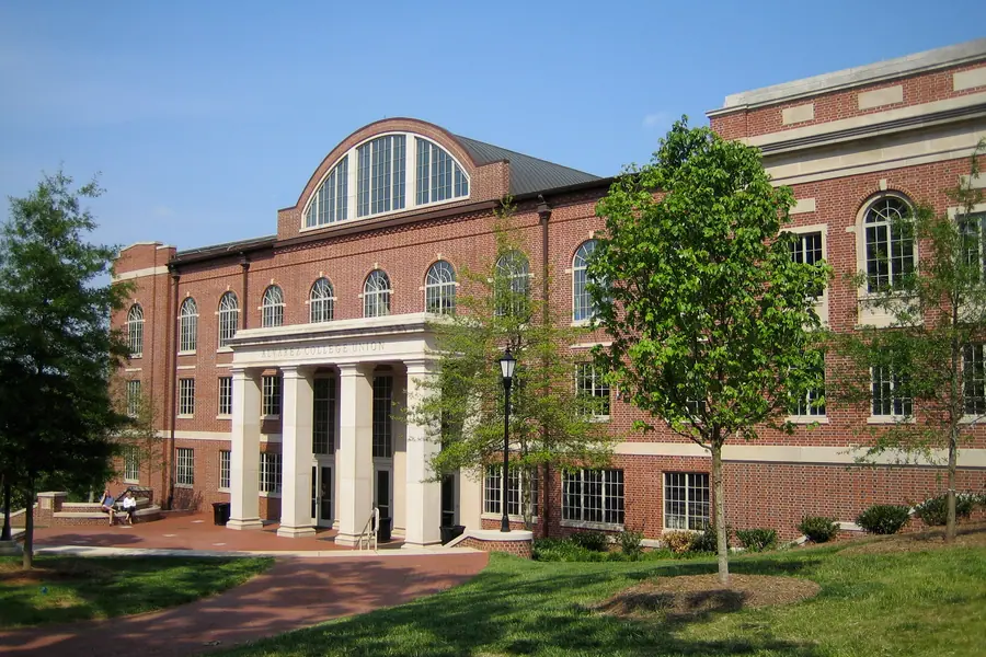 Red-brick campus architecture of Alvarez College Union at Davidson College in Davidson, North Carolina