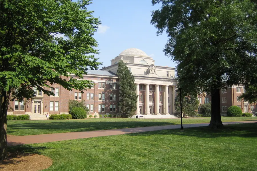 Monumental classical facade and columns of Chambers Building on Davidson College campus in North Carolina