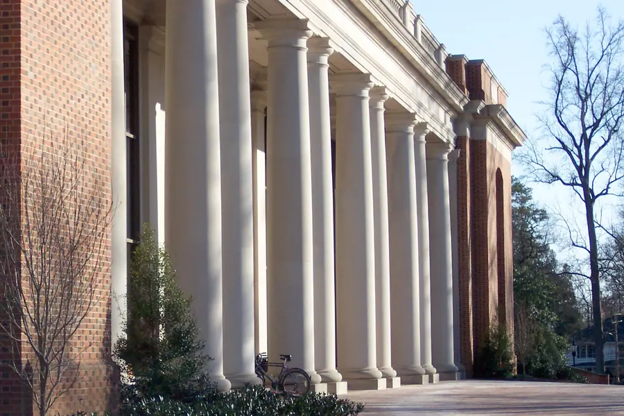 Exterior facade and manicured grounds of E.H. Little Library on Davidson College campus
