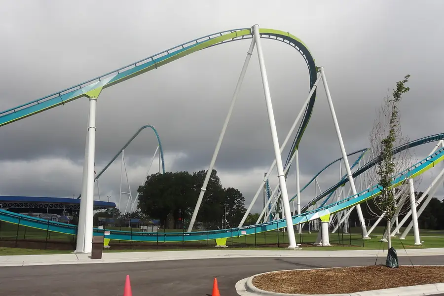 Fury 325 giga coaster track soaring above Carowinds amusement park along the state line in Fort Mill