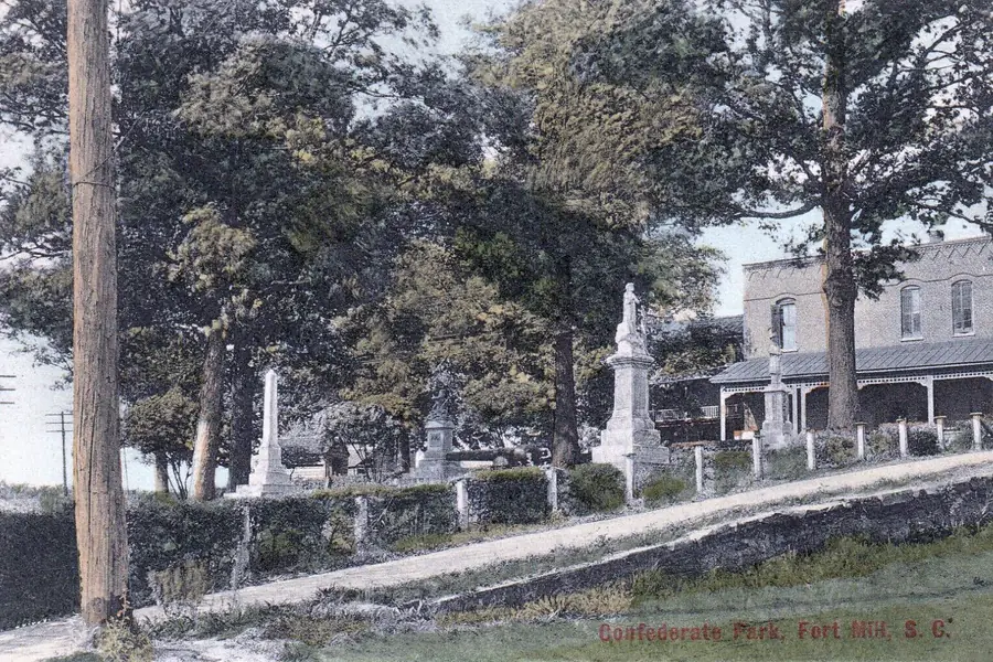 Historic gazebo bandstand and green lawn at Veterans Park in downtown Fort Mill