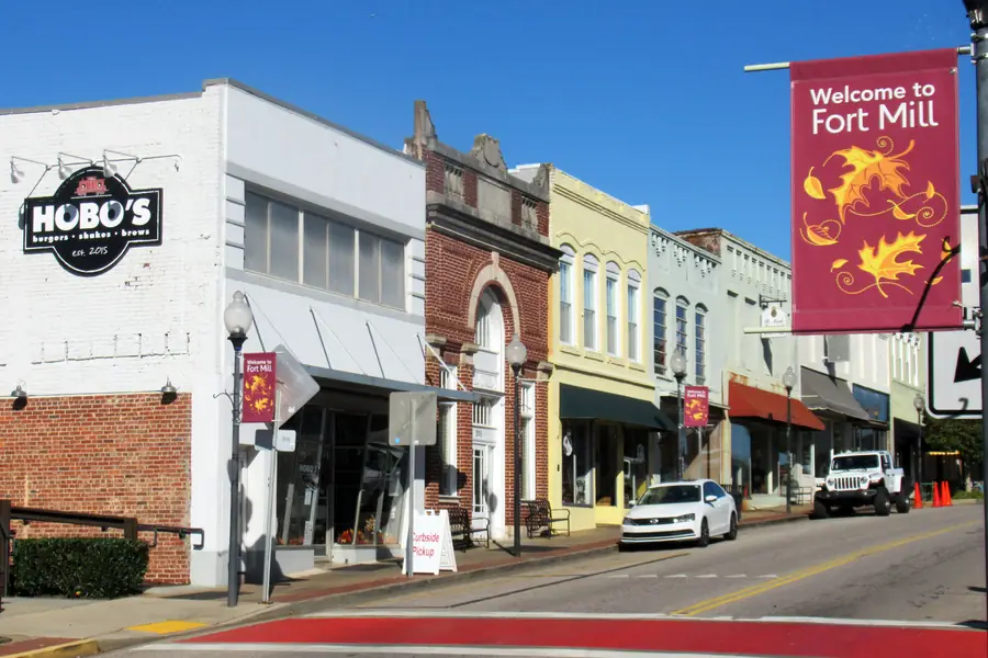 Historic Main Street storefronts and downtown district in Fort Mill, South Carolina