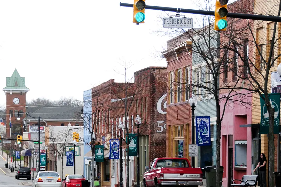 Historic brick commercial storefronts in downtown Gaffney, South Carolina