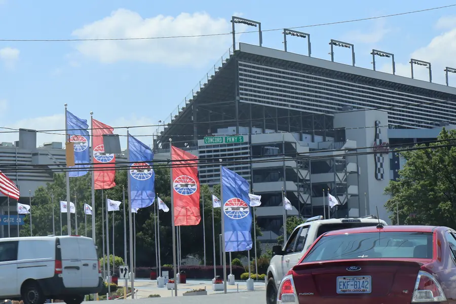 Grandstands and championship track at Charlotte Motor Speedway bordering Harrisburg and Concord, North Carolina
