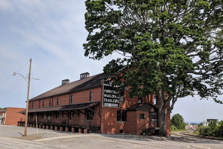 Historic brick industrial facade of the former Piedmont Wagon Company building in Hickory