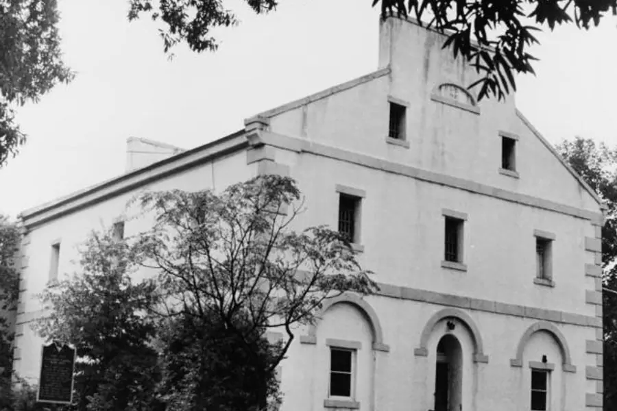 Exterior stone masonry walls of the historic Lancaster County Jail designed by Robert Mills
