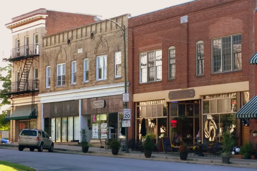 Commercial storefronts and streetscape in the historic downtown district of Lincolnton, North Carolina
