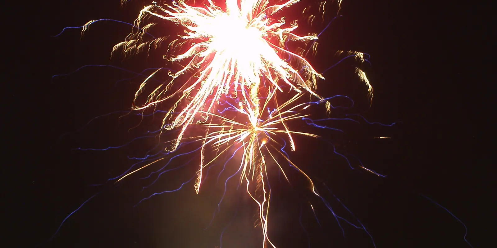 Brilliant multi-colored fireworks illuminating the night sky over outdoor celebration grounds