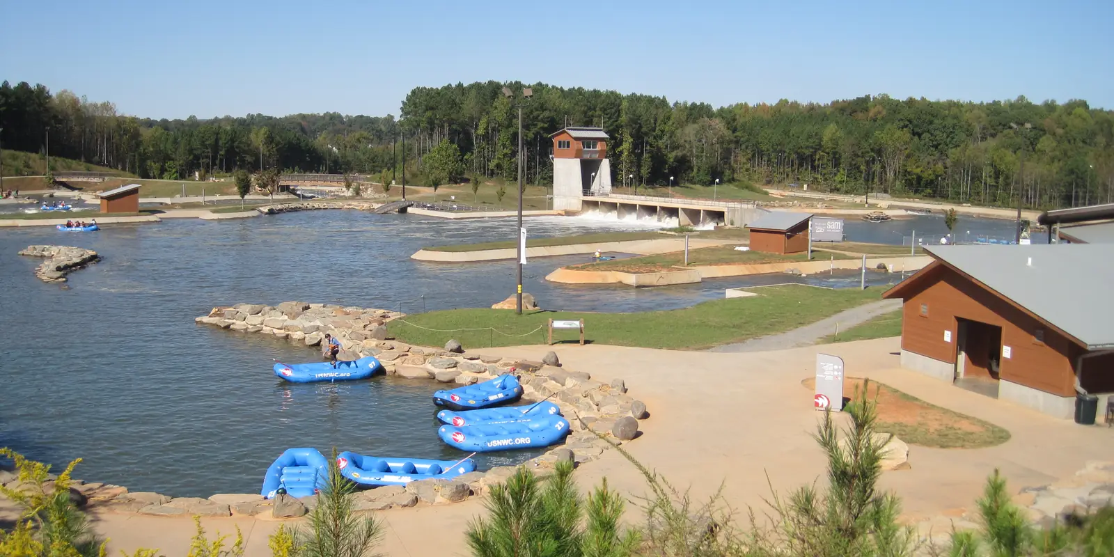 Kayakers and whitewater rapids at the US National Whitewater Center situated on the Catawba River adjacent to Mount Holly