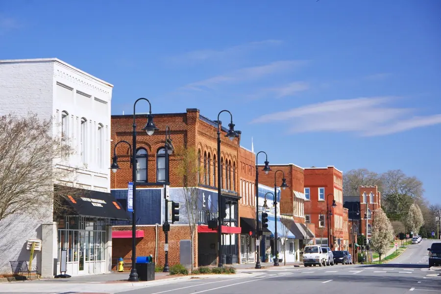 Commercial storefronts along Main Street in the historic downtown district of Newton, North Carolina