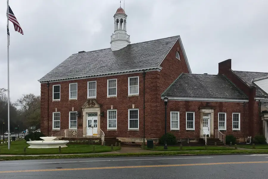 Brick municipal building and entrance of Shelby City Hall in Shelby, North Carolina