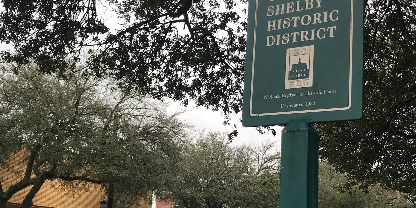 Central Shelby Historic District sign welcoming visitors along South Lafayette Street in Shelby, North Carolina