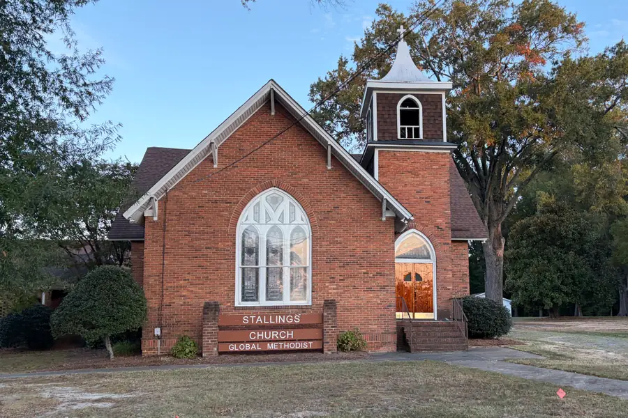 Historic red-brick church and sanctuary on Stallings Road in Stallings, North Carolina