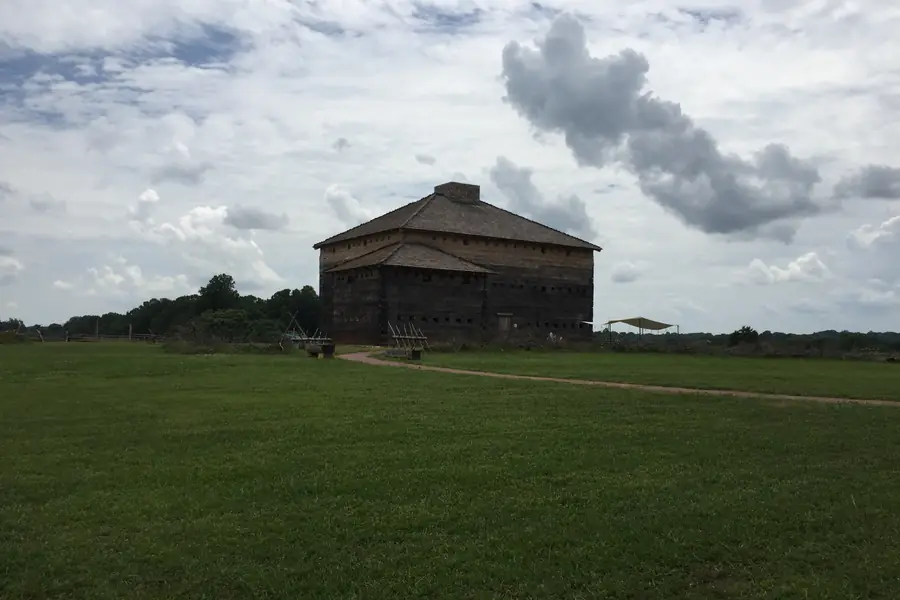 Reconstructed 1756 frontier log blockhouse at Fort Dobbs State Historic Site in Statesville NC