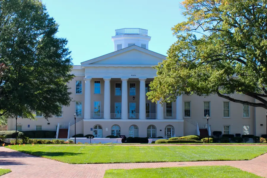 Historic Main Building and columned portico of Mitchell Community College in Statesville NC