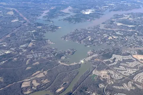 Aerial view of Lake Wylie peninsula, water coves, and shoreline near Tega Cay, South Carolina