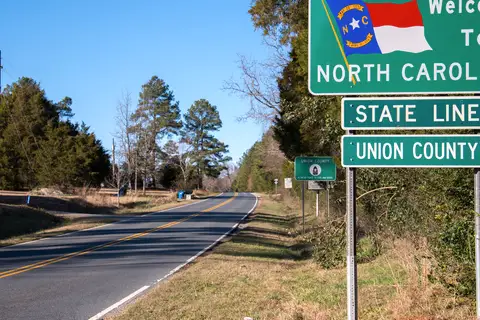 Scenic rolling countryside and landscape along North Carolina Highway 200 entering Union County near Unionville