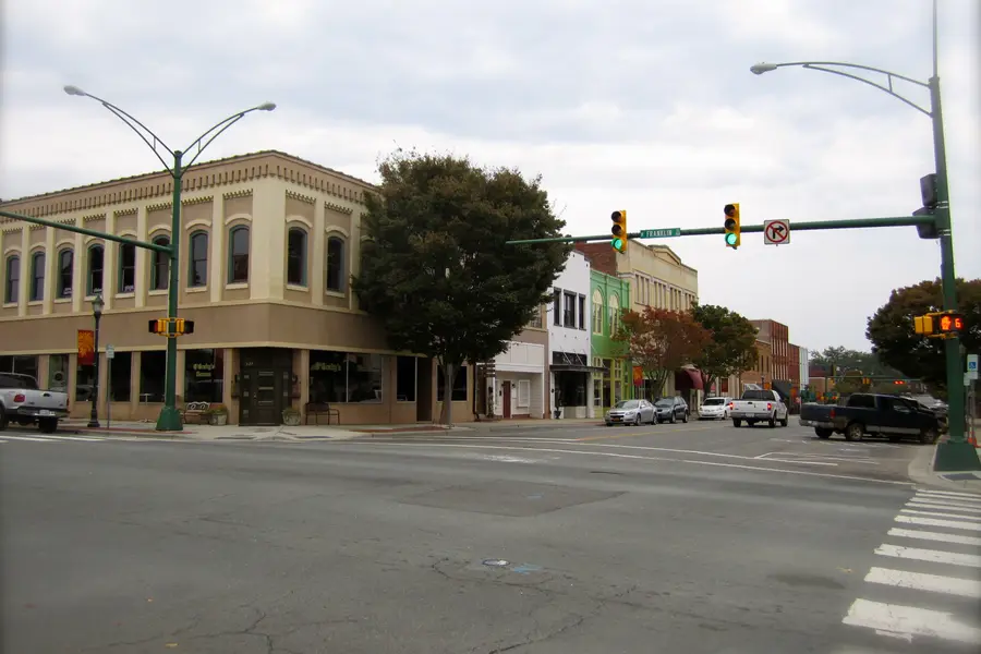 Historic Main Street streetscape and preserved commercial buildings in Union County