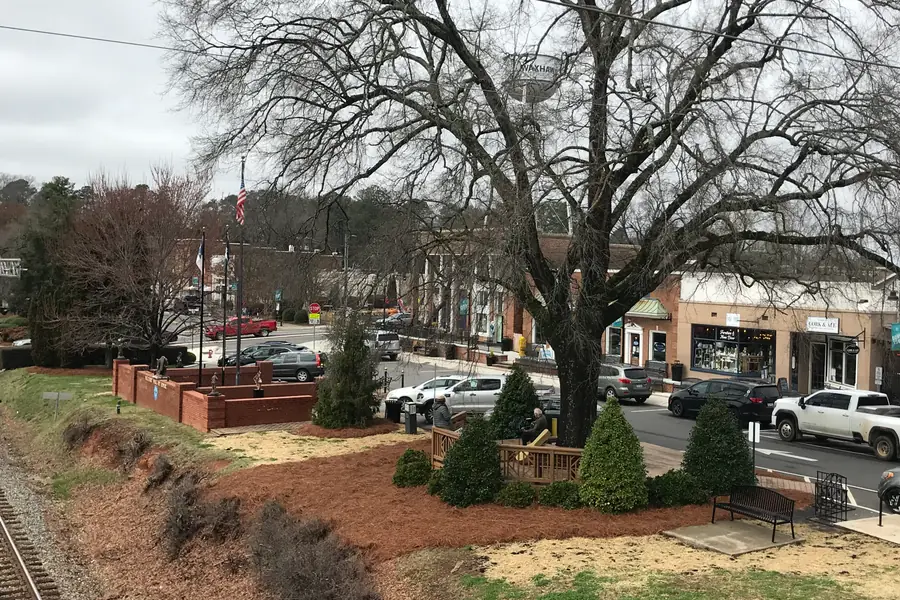 Street view of restored historic storefronts along North Main Street in downtown Waxhaw, North Carolina