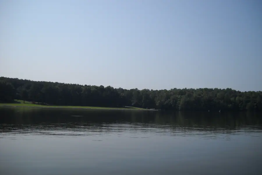 Peaceful shoreline and forested waters of Cane Creek Park in western Union County near Wesley Chapel