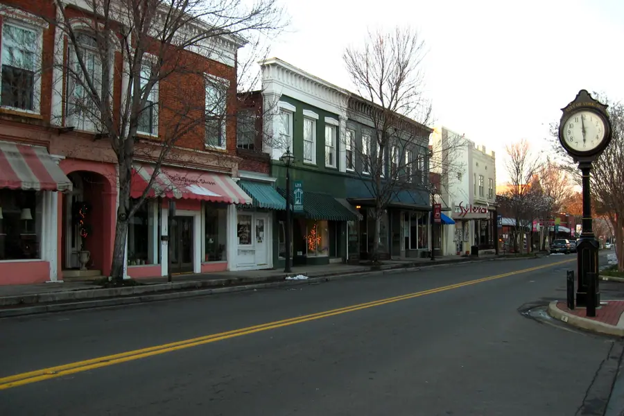 Historic brick commercial storefronts and streetscape in downtown York, South Carolina