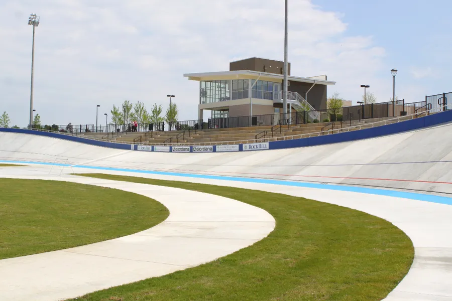 Banked track and cycling pavilion at the Giordana Velodrome in Rock Hill, South Carolina