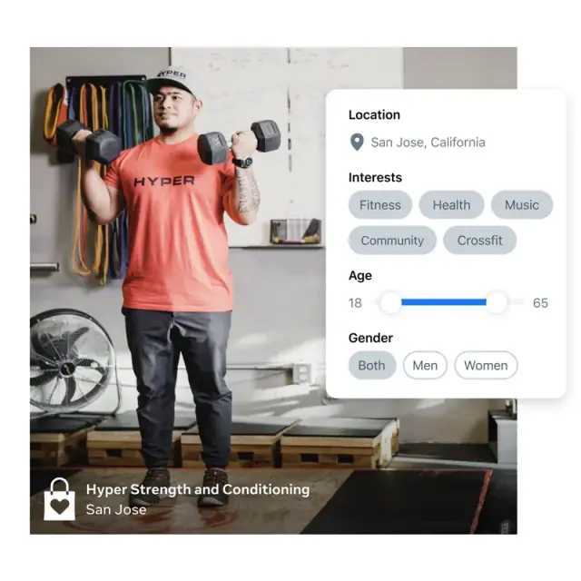 Fitness studio owner training with dumbbells, with ad audience settings beside him