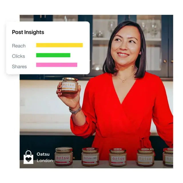 Food producer holding a jar beside her ad results