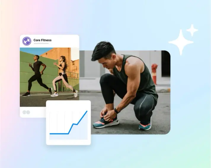 Fitness ad beside a rising results chart, showing campaign performance being measured