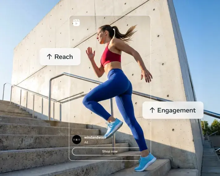 Runner on outdoor stairs with Meta ad reach and engagement labels