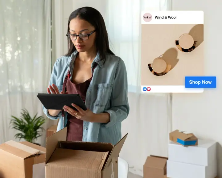 Woman unpacking an order next to a Meta ad with a Shop Now button