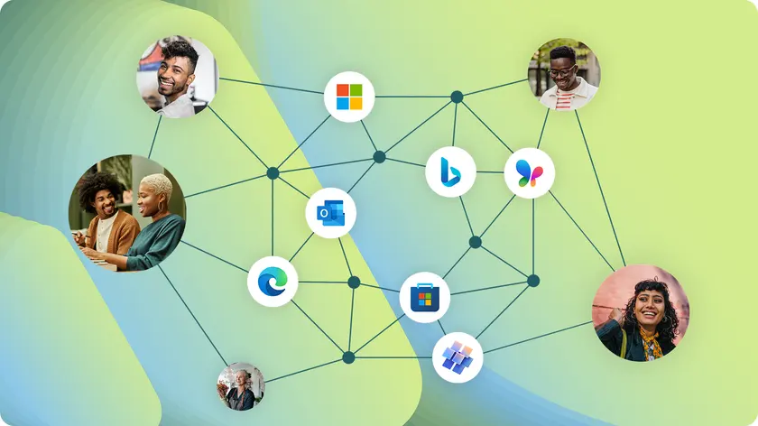 Map of the Microsoft network connecting Bing, Edge, Outlook, MSN, Copilot and Windows to the people who use them