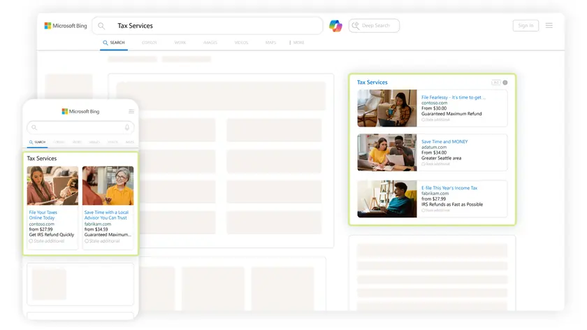 Bing results for tax services showing local service ads with photos and prices on desktop and mobile