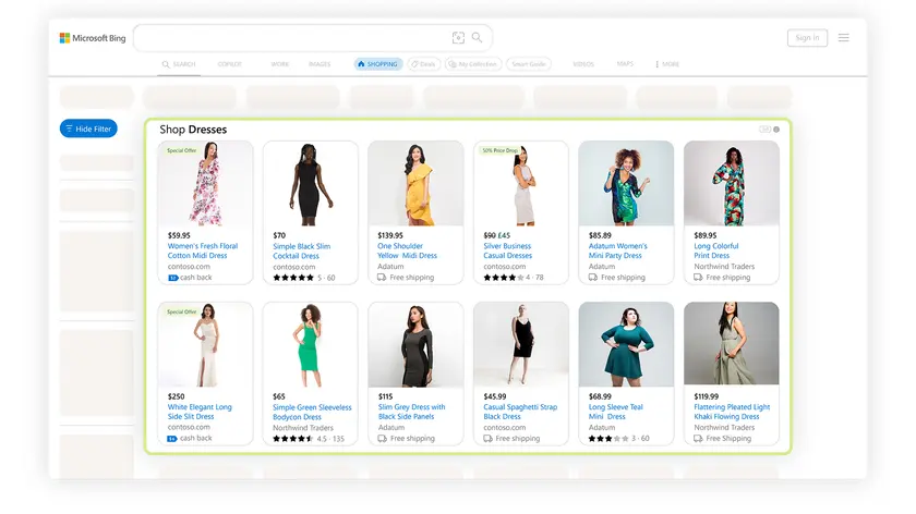 Bing shopping results showing a grid of dress ads with prices, star ratings and free shipping