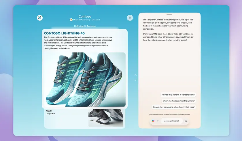 Microsoft Copilot conversation showing a sponsored running shoe with product details beside the chat