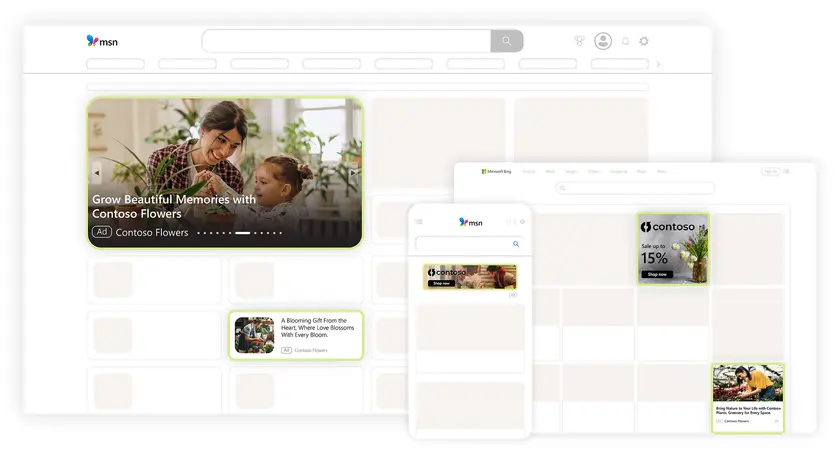 MSN homepage showing display and native ads for a flower shop on desktop and mobile