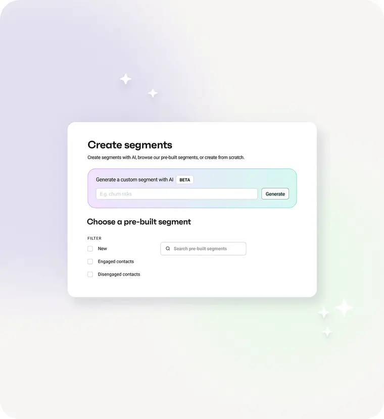 Omnisend segment builder with an AI prompt box and a list of pre-built segments