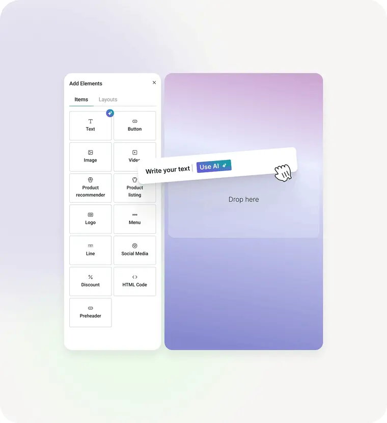 Omnisend form builder with an AI writing prompt beside a purple sign-up form