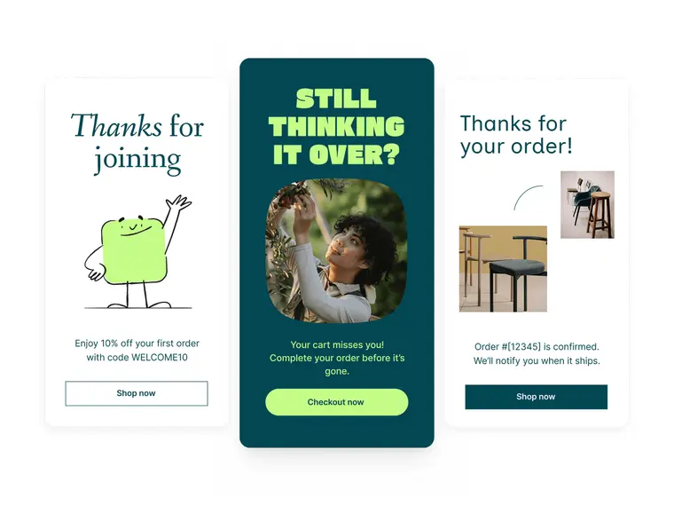 Three Omnisend email templates: a welcome email, a cart reminder and an order confirmation