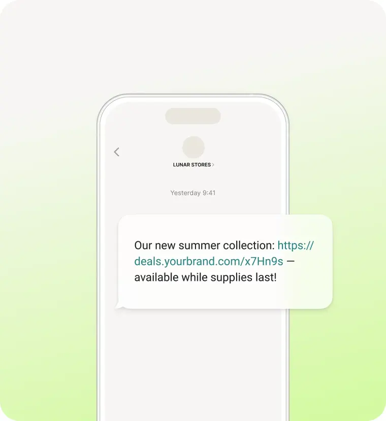 Phone showing a text message announcing a new summer collection with a short link