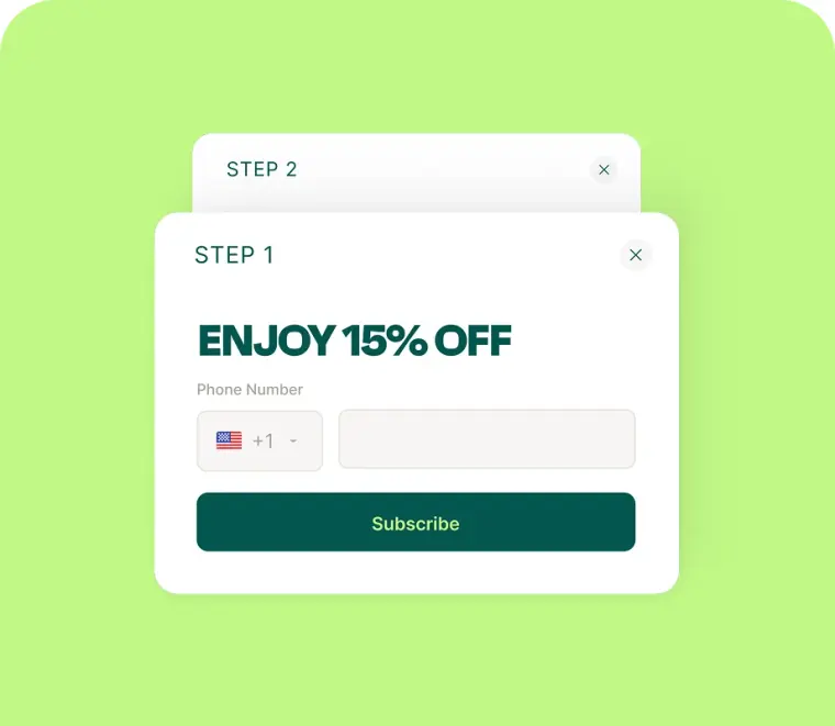 Omnisend two-step sign-up form offering 15% off in exchange for a phone number