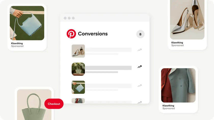 Pinterest conversions report beside sponsored product Pins and a Checkout button
