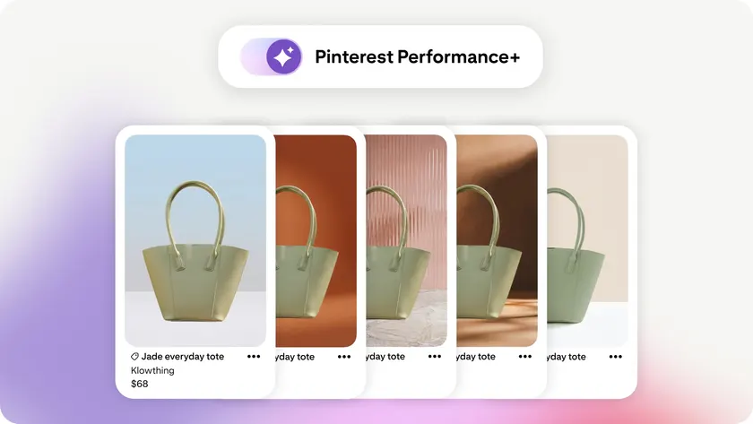 Pinterest Performance+ showing one tote bag product Pin with five different AI-generated backgrounds